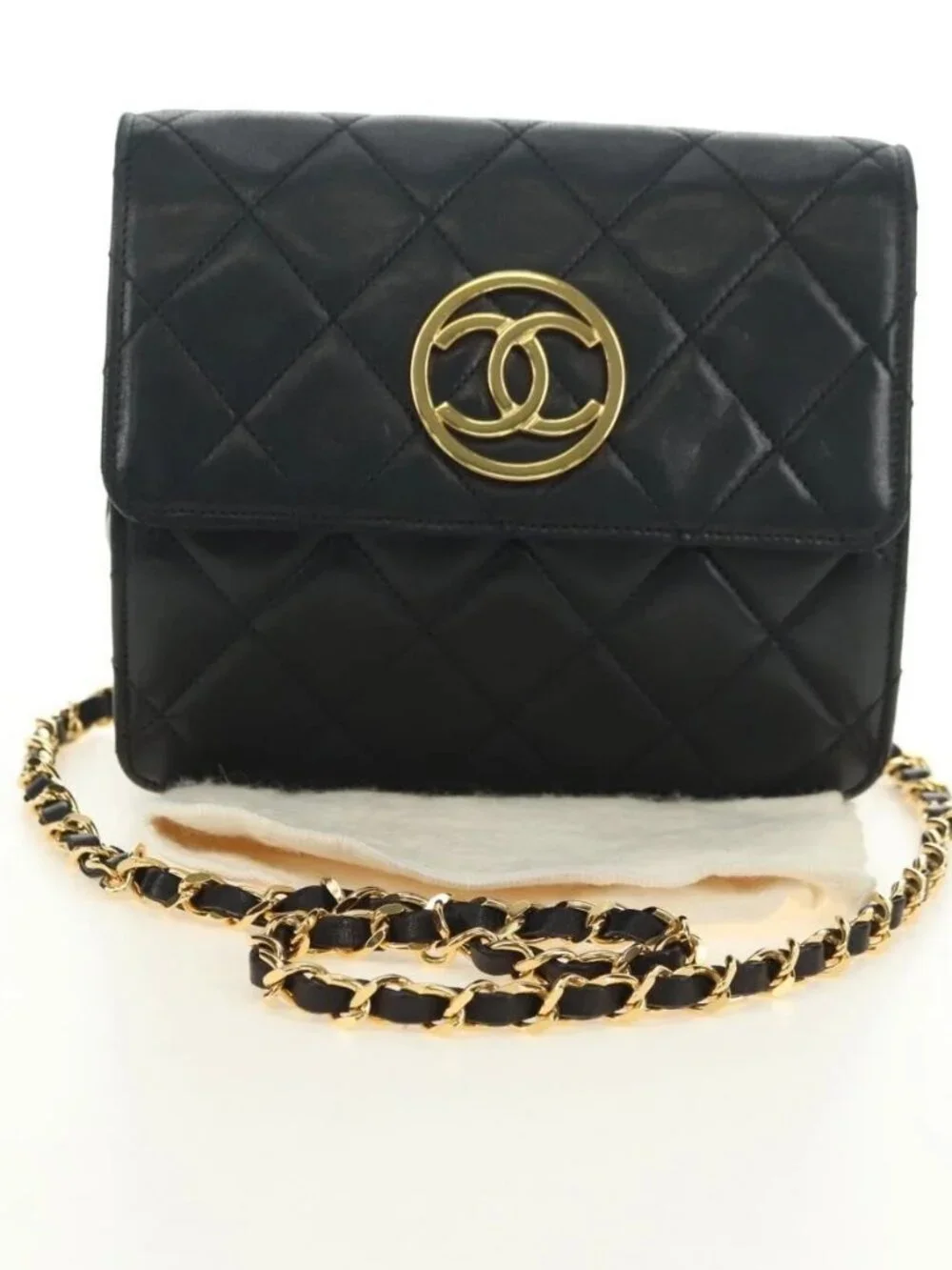 CHANEL Matelasse Chain Shoulder Bag Lamb Skin Black Gold CC Auth yk20399SAV